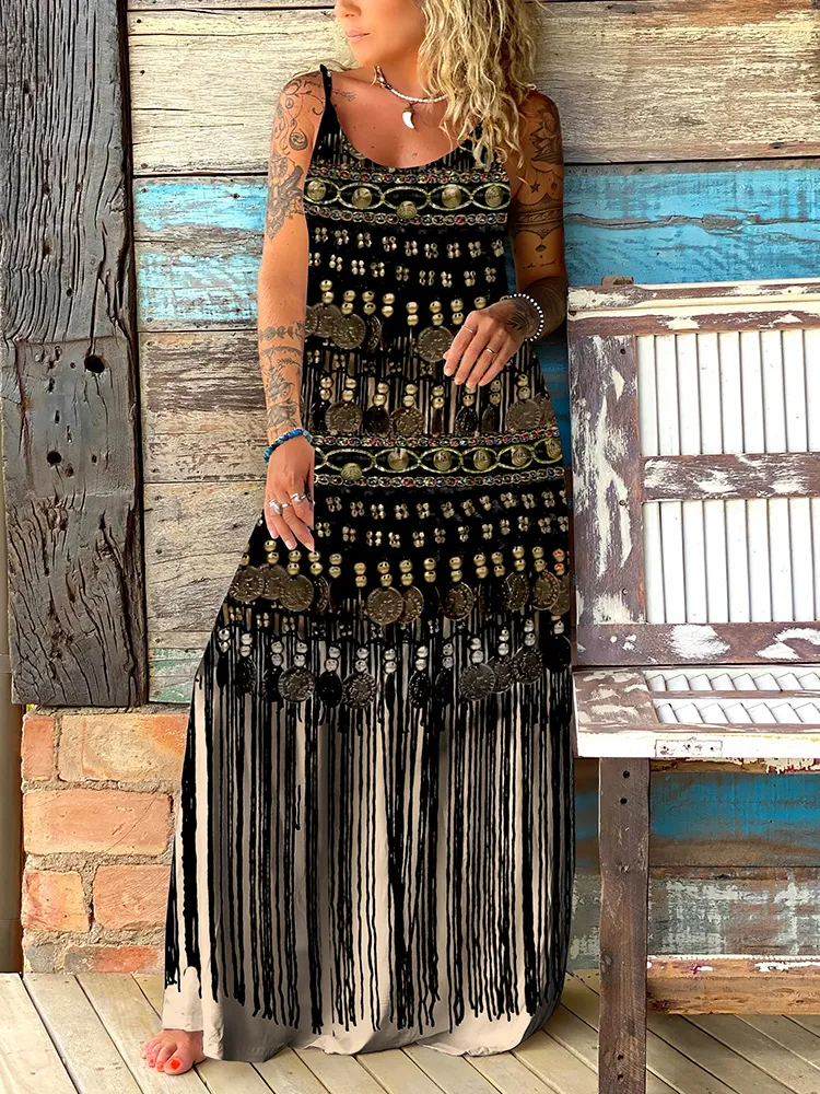 Viking Ethnic Tribal Tassel Art Slip Maxi Dress