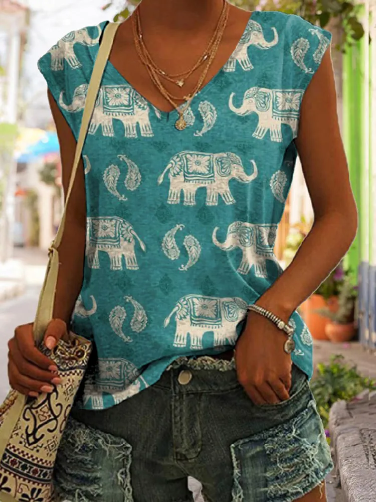 Vintage Elephant Print Women'S V-Neck Tank Top