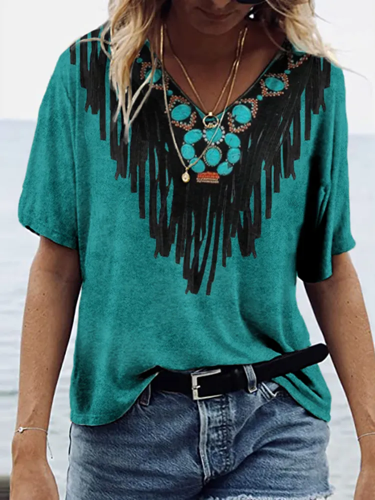 Vintage Western Print V Neck T-Shirt