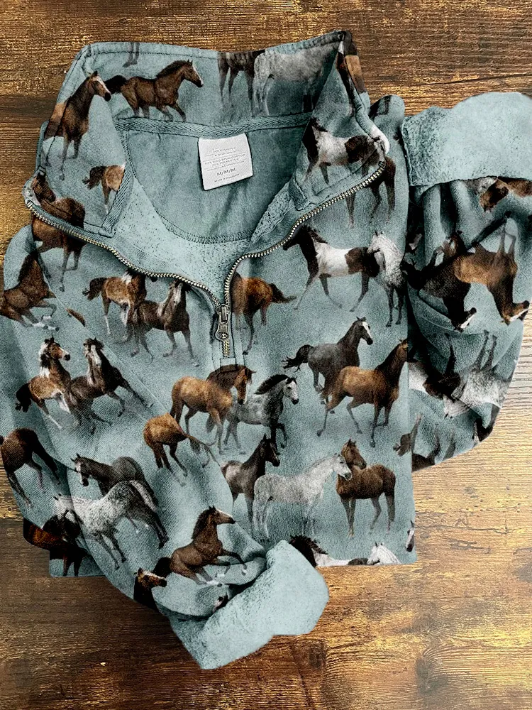 Western Wild Horses Pattern Vintage Zip Up Sweatshirt