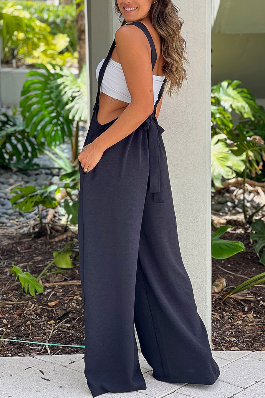 Black Jumpsuit With Pockets And Tie Back