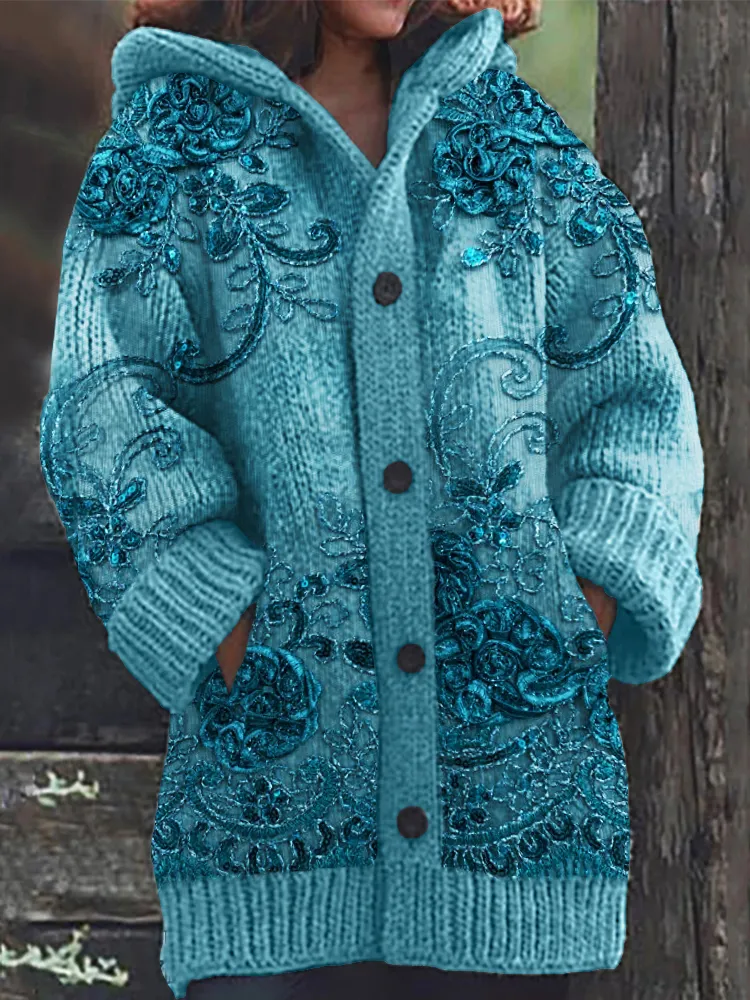 Turquoise Roses 3D Velvet Cozy Knit Hooded Cardigan