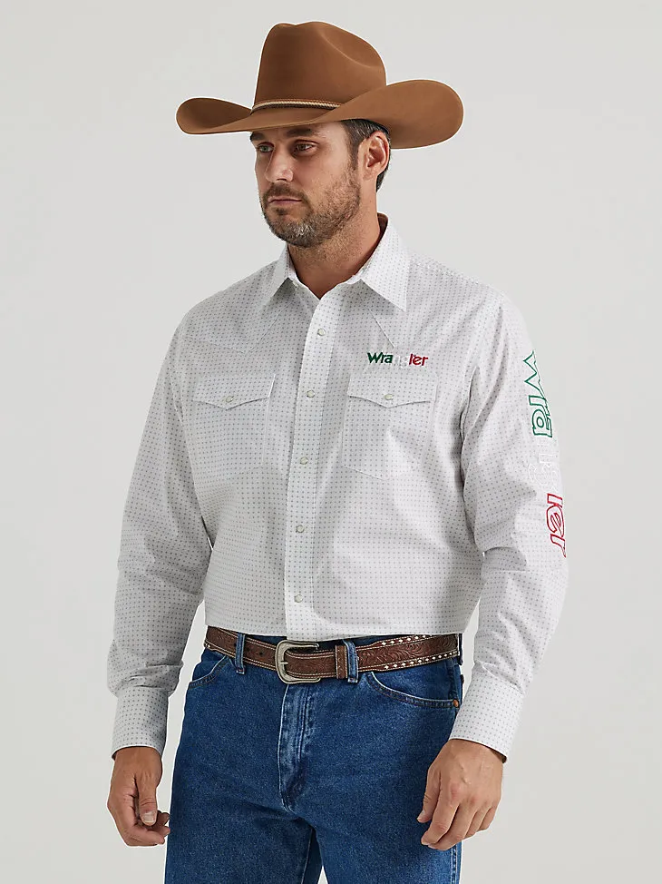 WRANGLER® LOGO MEXICO LONG SLEEVE WESTERN SNAP SHIRT IN PRINTED WHITE