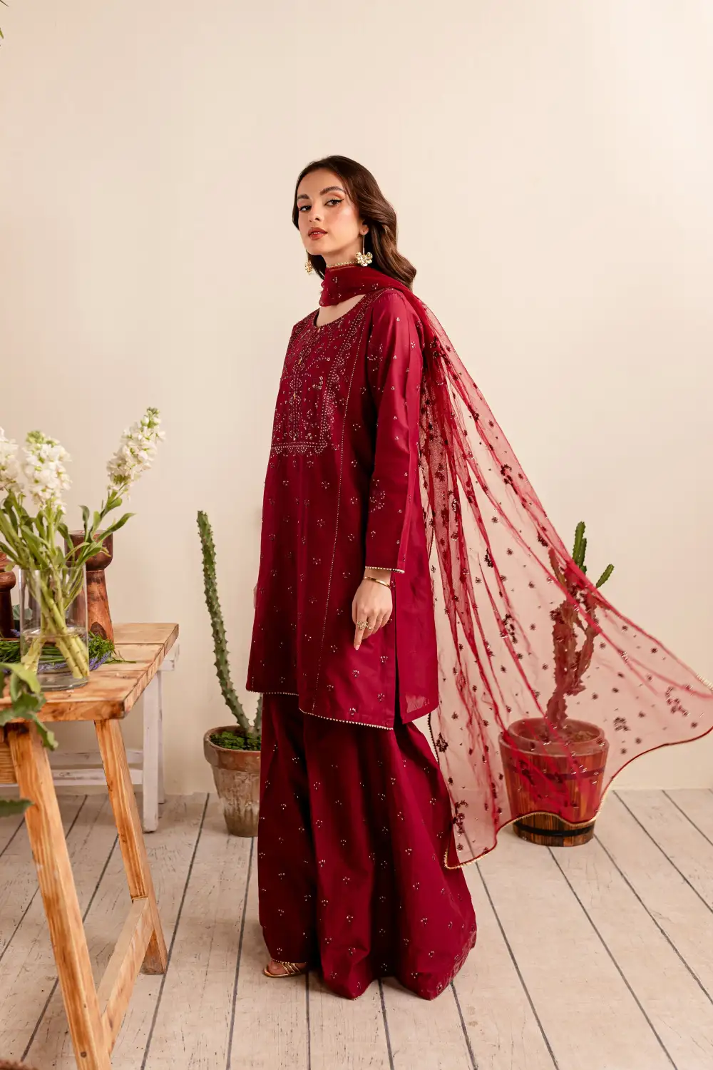 Maroon Sitara 3Pc - Embroidered Lawn Dress