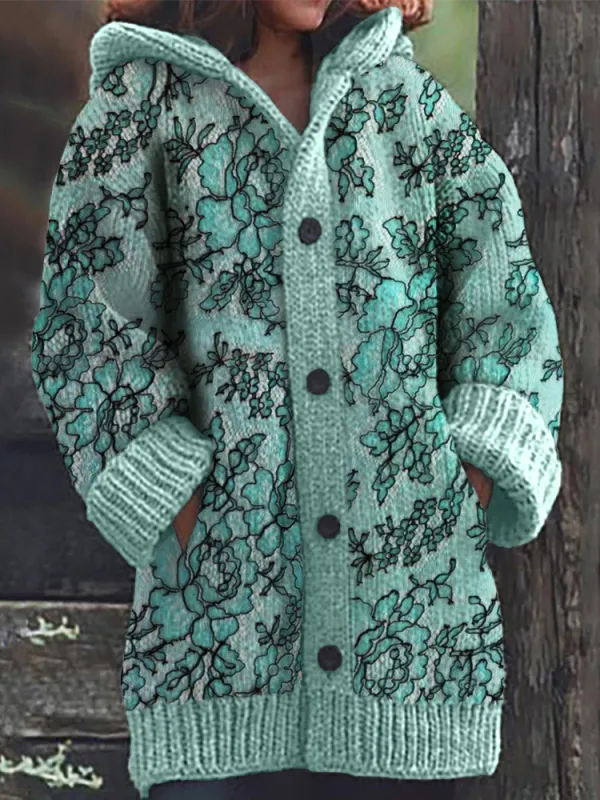 Vintage Turquoise Floral Lace Knit Hooded Cardigan