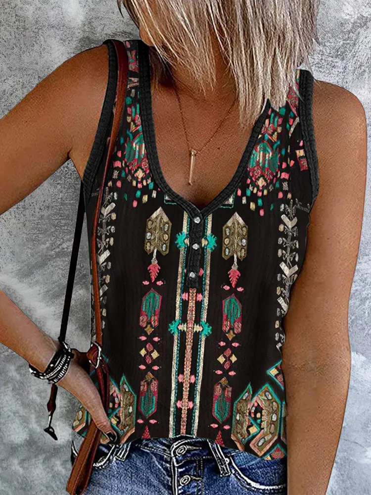 Western Geometry Button Up Casual Tank Top