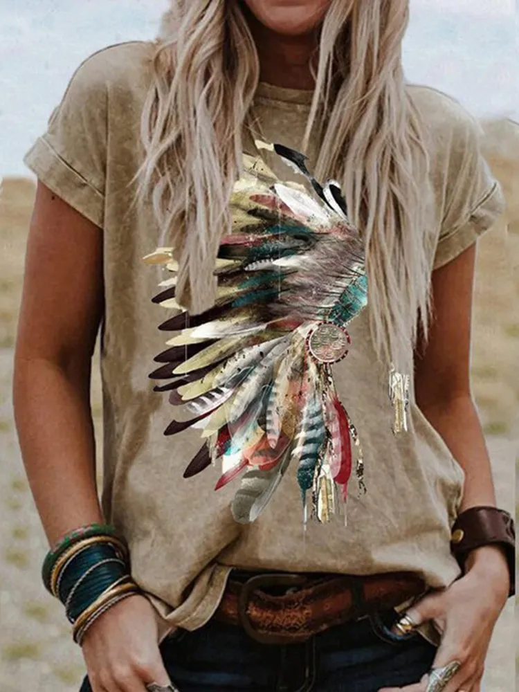 Indian Headdress Print Crew Neck T-Shirt