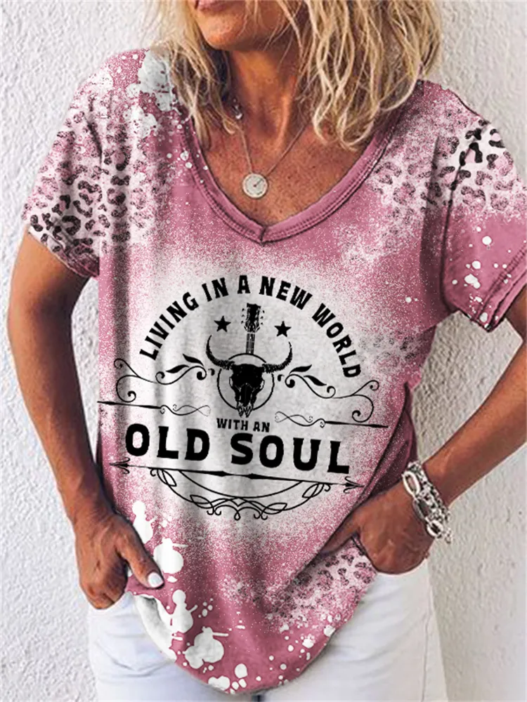 Living in A New World with An Old Soul Leopard Bleached T Shirt