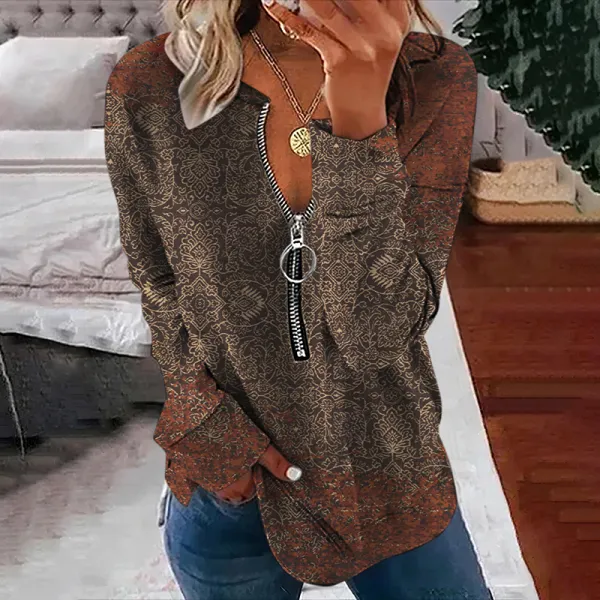 Vintage Print V Neck Long Sleeve Casual Sweatshirt