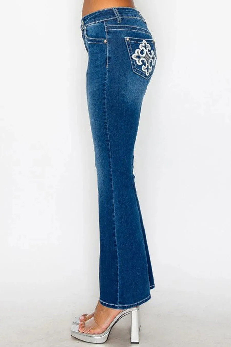 WAXJEAN Y2K Rhinestone & Embroidered Patch Pocket Bootcut Jean With Great Stretch