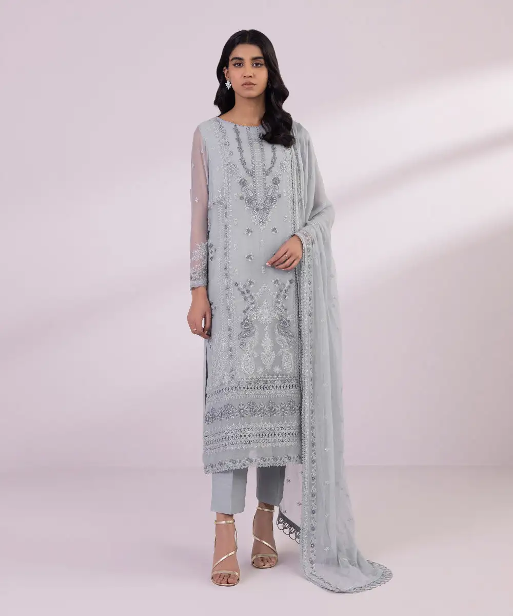 3 Piece - Embroidered Chiffon Suit