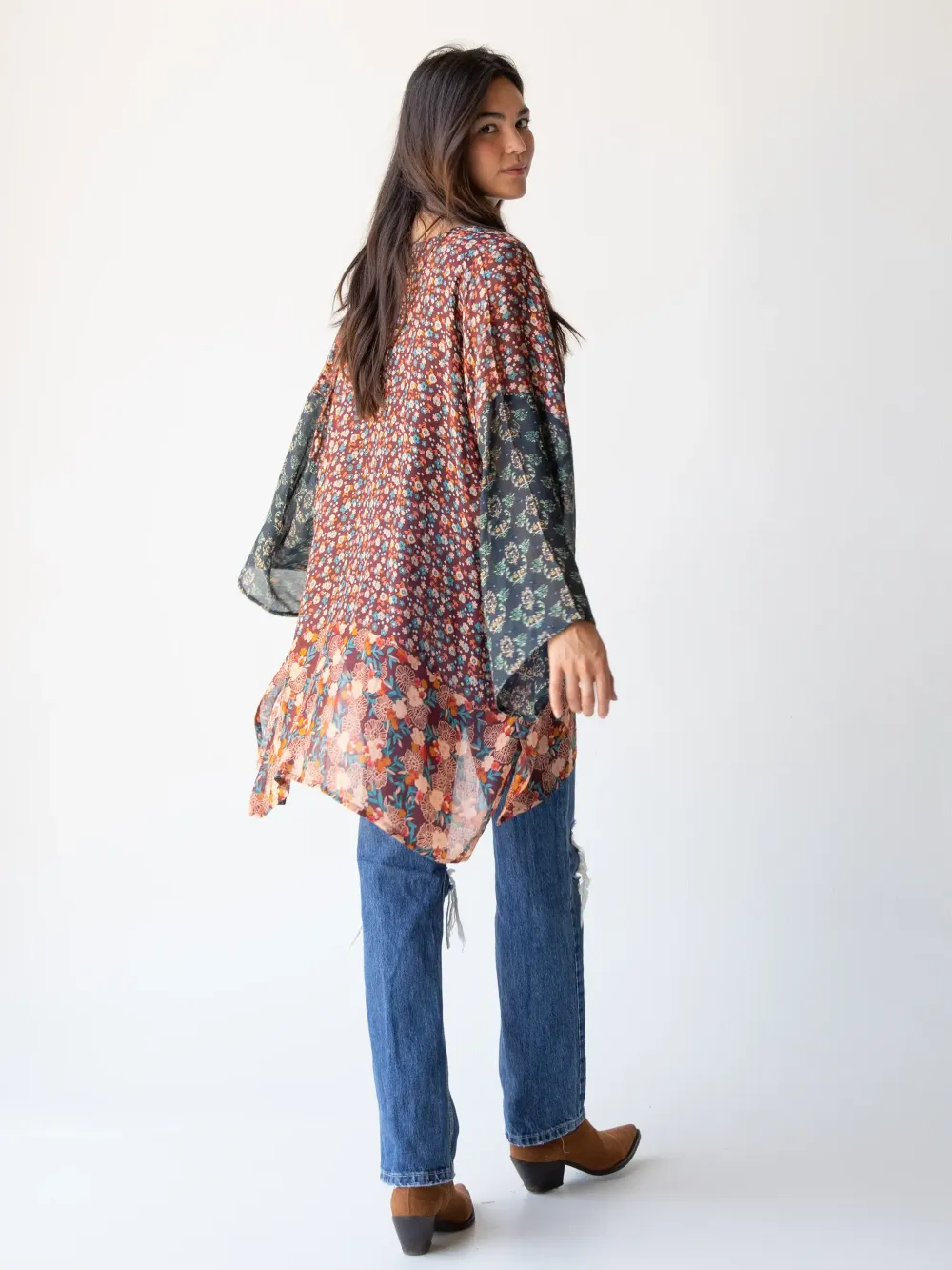 Sierra Mixed Print Kimono - Brown Teal Floral