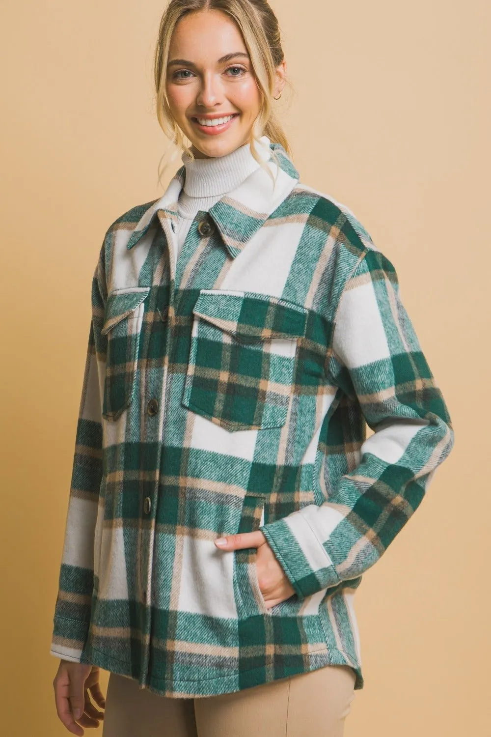 Plaid Button Up Shacket - Green