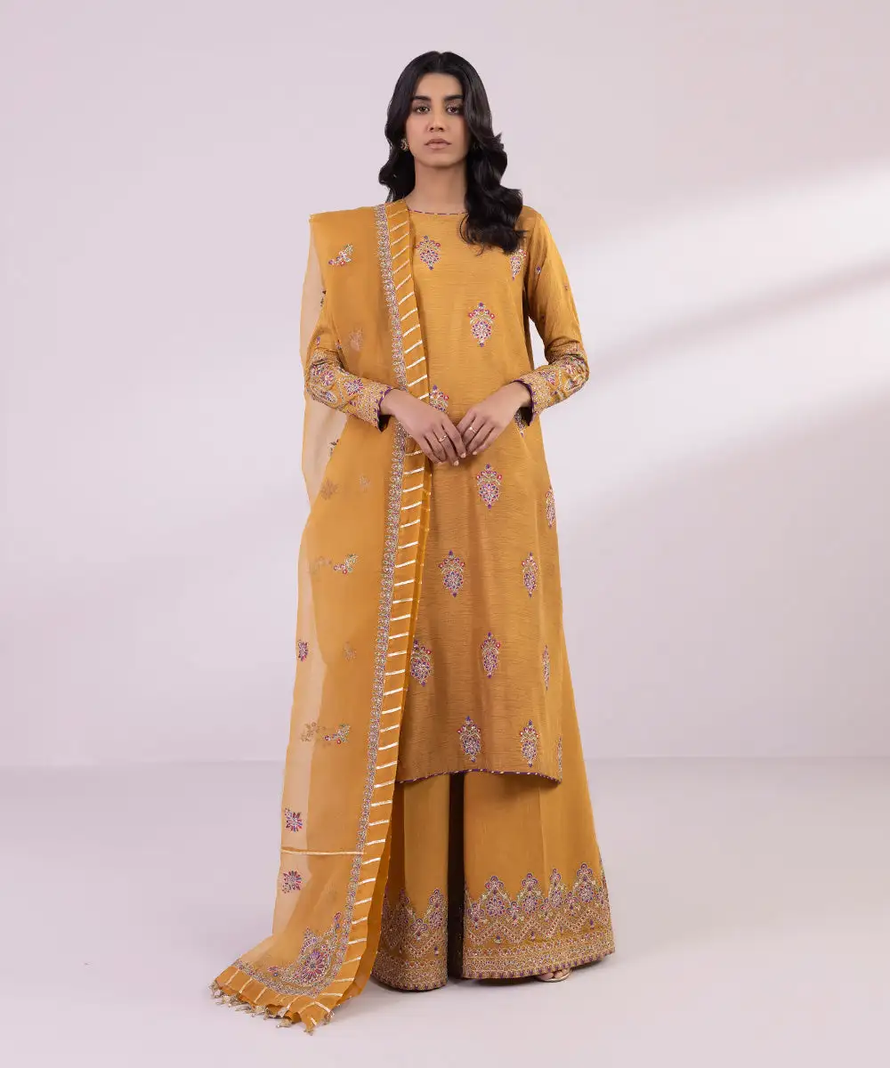 3 Piece - Embroidered Raw Silk Suit