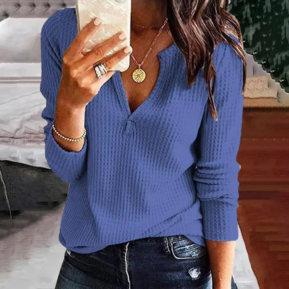 Solid Color V-Neck Long Sleeve Casual T-Shirt