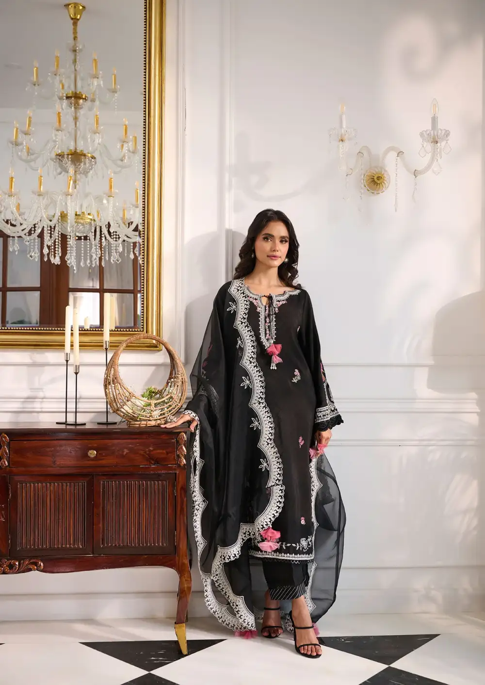 BLACK 3PCS  EMBROIDERED KURTA WITH TROUSER