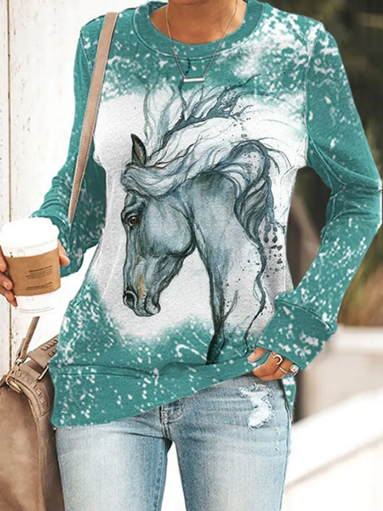 Western Horse Print Round Neck Long Sleeve Sweatshirt