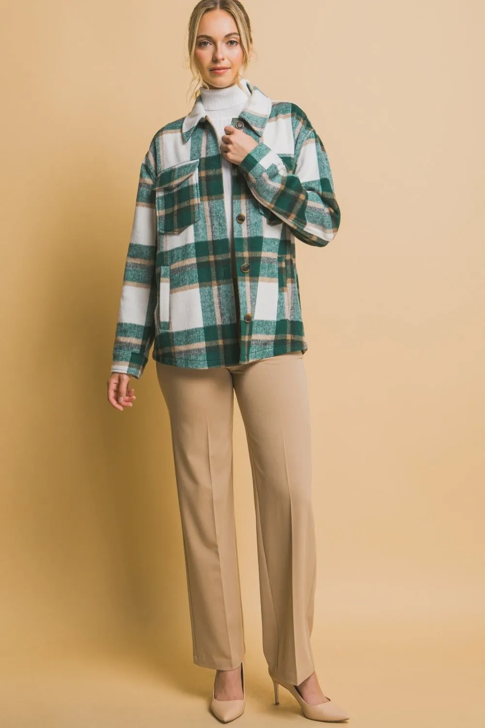 Plaid Button Up Shacket - Green