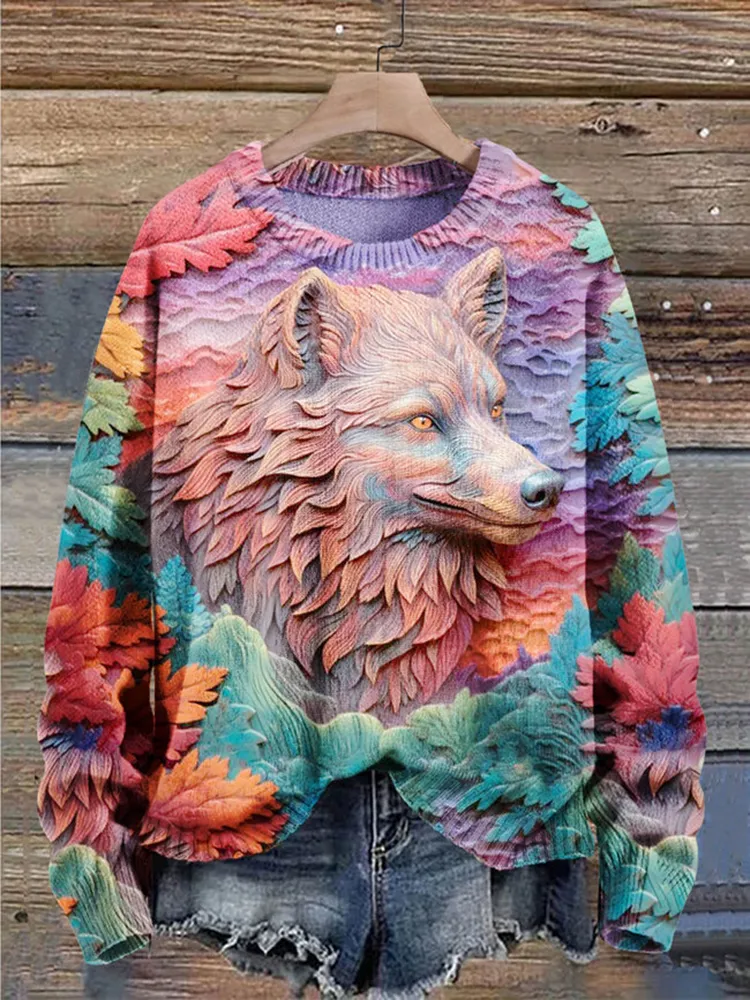 Art 3D Wolf Print Knitted Pullover Sweater