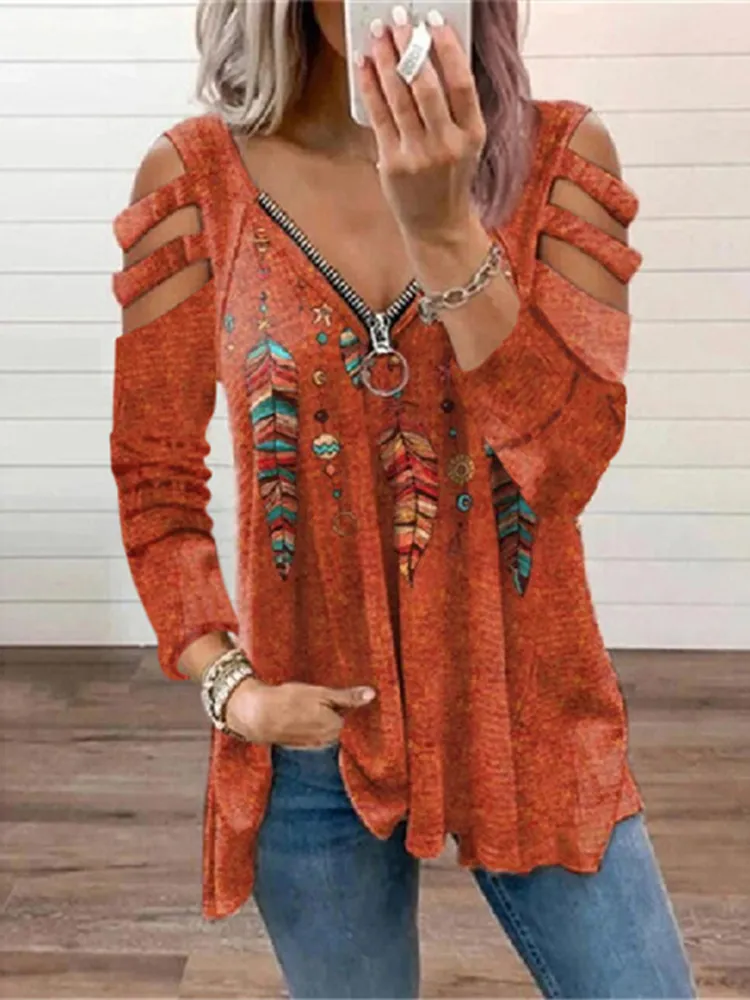 Casual Feather Print Cutout Long Sleeve T-Shirt