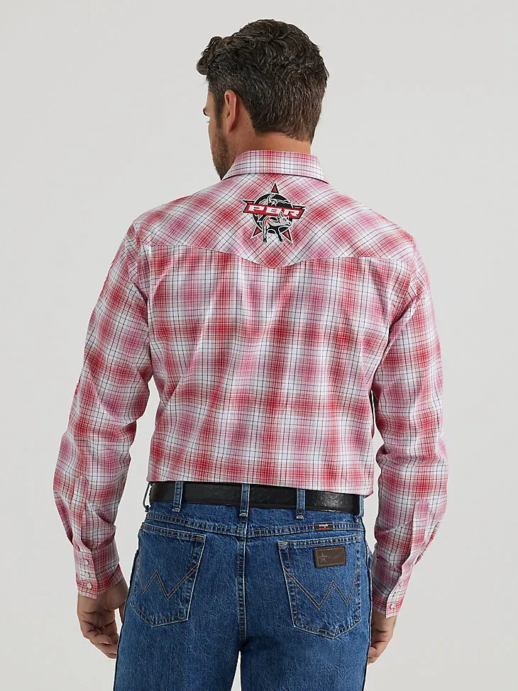 MEN'S WRANGLER® PBR® LOGO LONG SLEEVE PLAID WESTERN SNAP SHIRT IN RED TAN