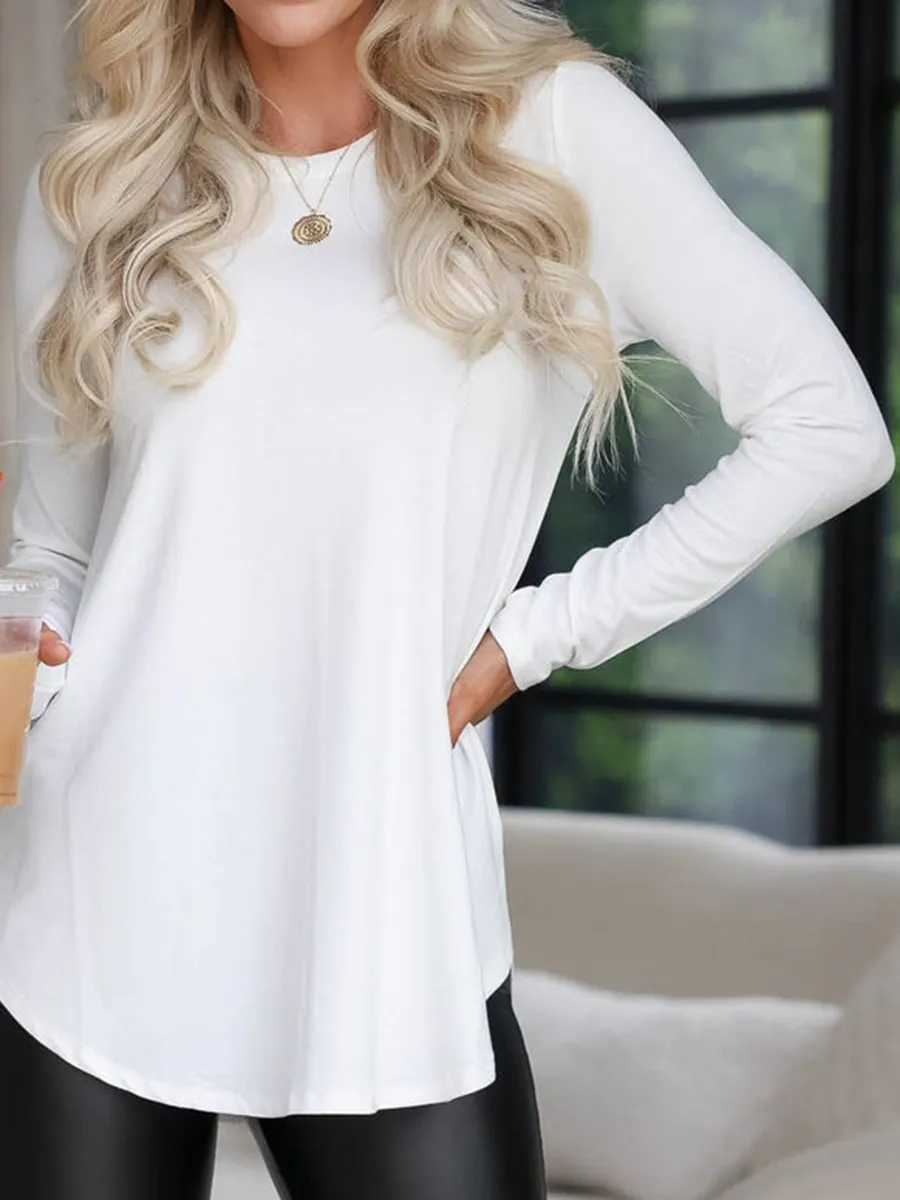 White curved hem long sleeved top