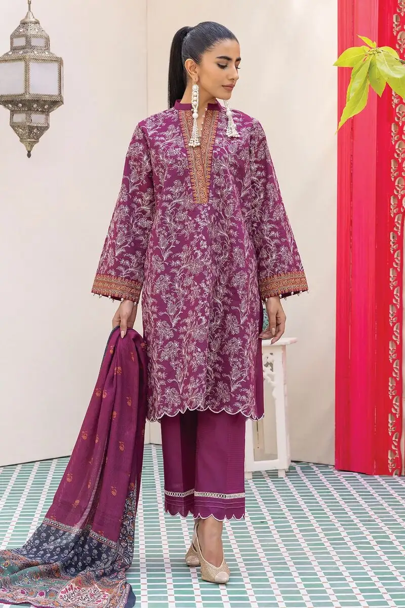 3 Piece Kurta Embroidered | Dupatta& Bottom & Tops | Color Purple