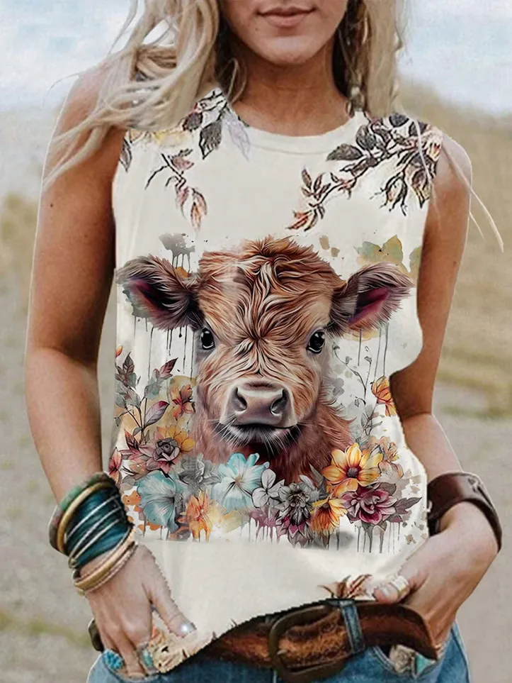 Western Cow & Floral Print Tank Top