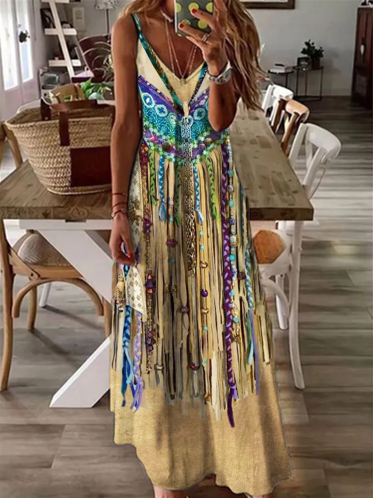 Western Beaded Fringe Halter Maxi Dress