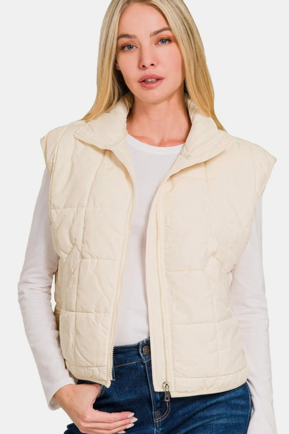 Cropped Puffer Vest - Cream