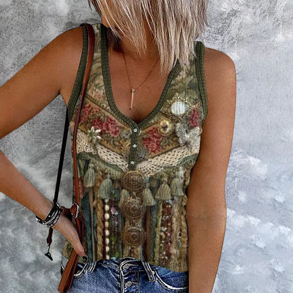 Western Tribal Print Button Casual Tank Top