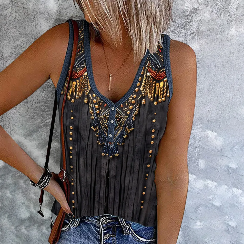 Western Tassel Print V-Neck Sleeveless Tank Top