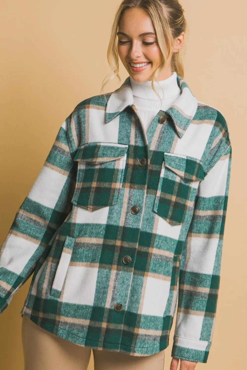 Plaid Button Up Shacket - Green