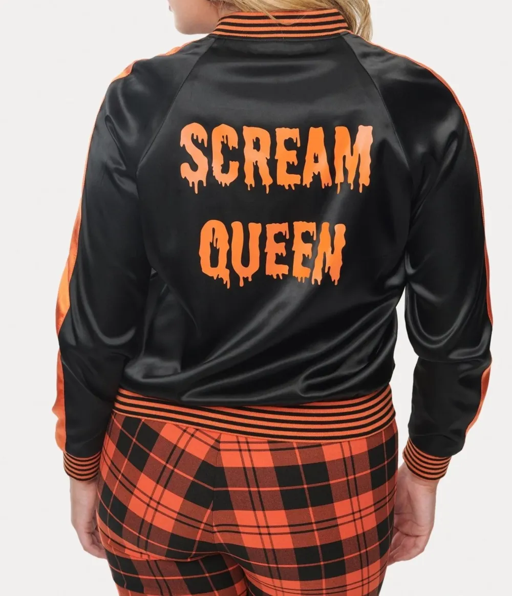 Unique Vintage Black And Orange Scream Queen Satin Bomber Jacket