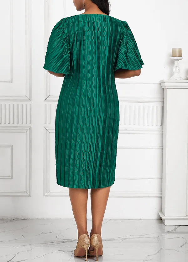 Pleated Round Neck Short Sleeve Green Bodycon Dress