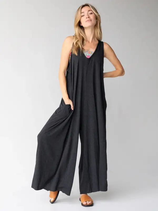 Knit V-Neck Jumpsuit - Charcoal