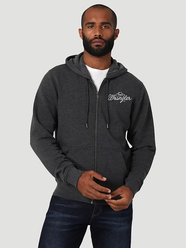 MEN'S WRANGLER VINTAGE LOGO FULL ZIP HOODIE IN CAVIAR HEATHER