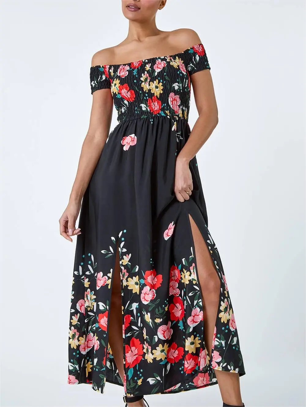 Floral off-shoulder slit dress