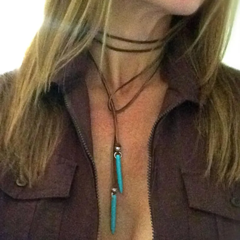 Western Turquoise Pendant Leather Necklace