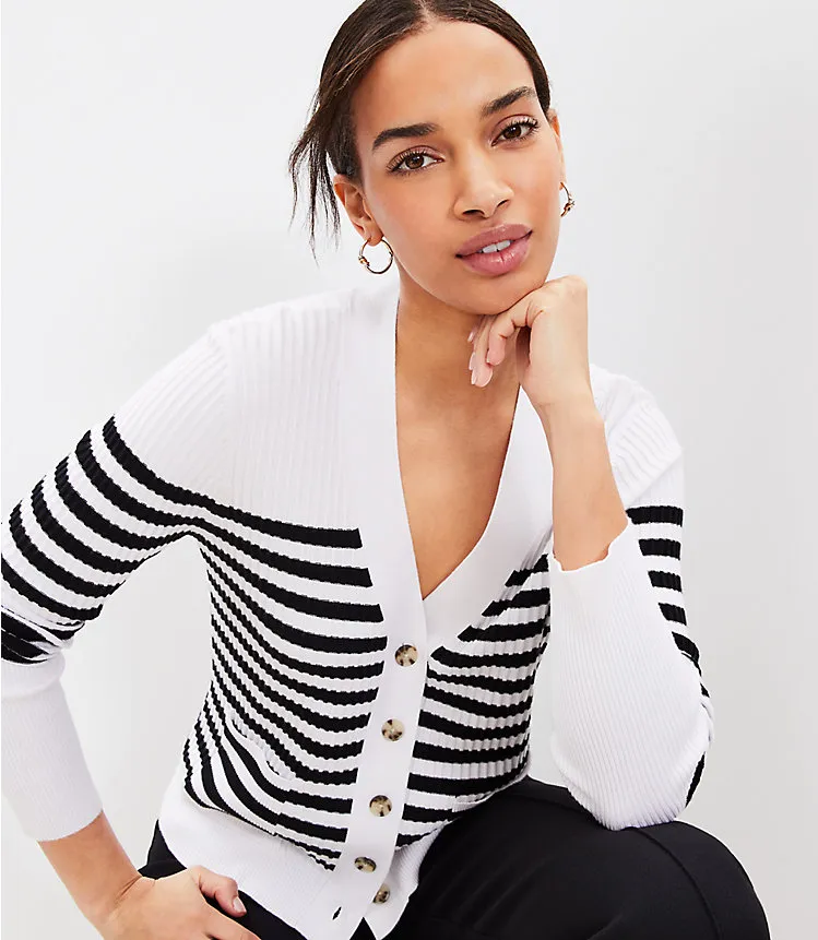 Stripe Mixed Ribbed Pocket V-Neck Cardigan