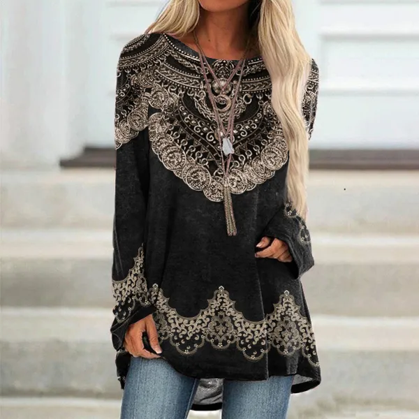 Vintage Western Print Crew Neck Long Sleeve Tunic