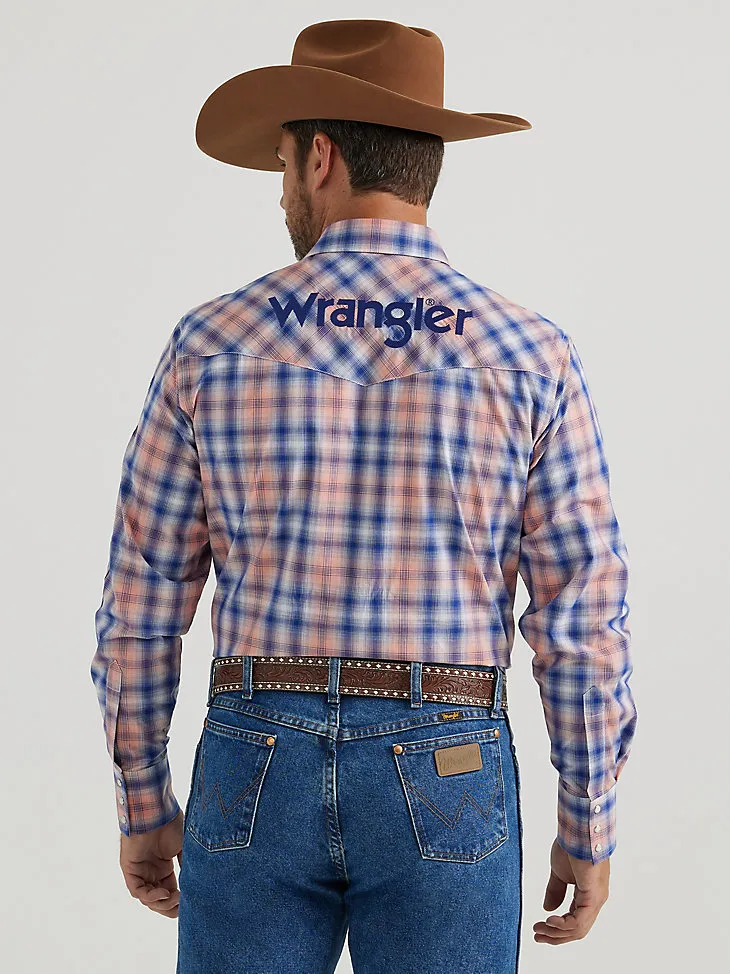 MEN'S WRANGLER® LOGO LONG SLEEVE WESTERN SNAP SHIRT IN LARK PLAID