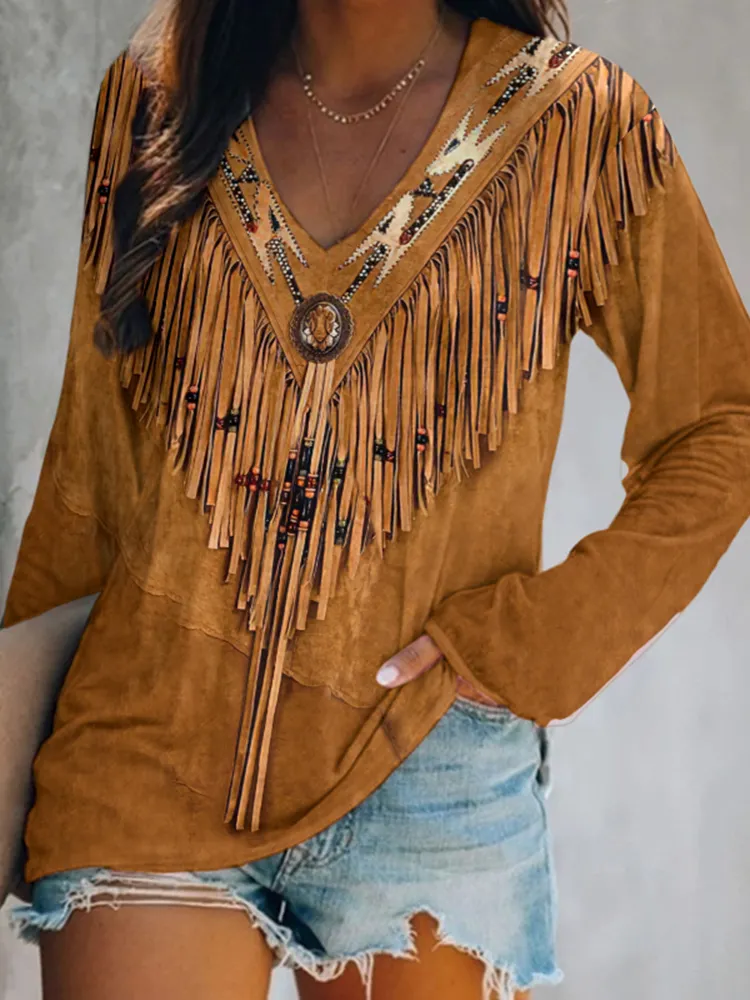 Western Tribal Leather Tassels V Neck T-Shirt