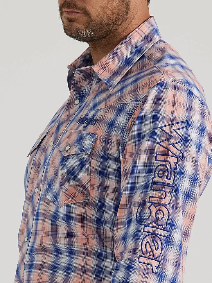 MEN'S WRANGLER® LOGO LONG SLEEVE WESTERN SNAP SHIRT IN LARK PLAID