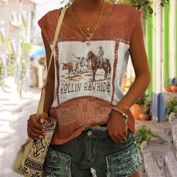 Retro Western Style Denim Studded Tank Top