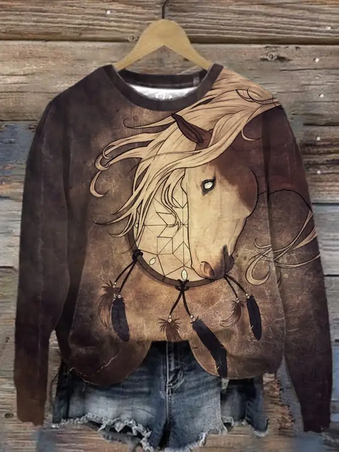 🔥Buy 3 Get 10% Off🔥🔥Buy 3 Get 10% Off🔥Women's Western Retro Horse Print Casual Sweatshirt