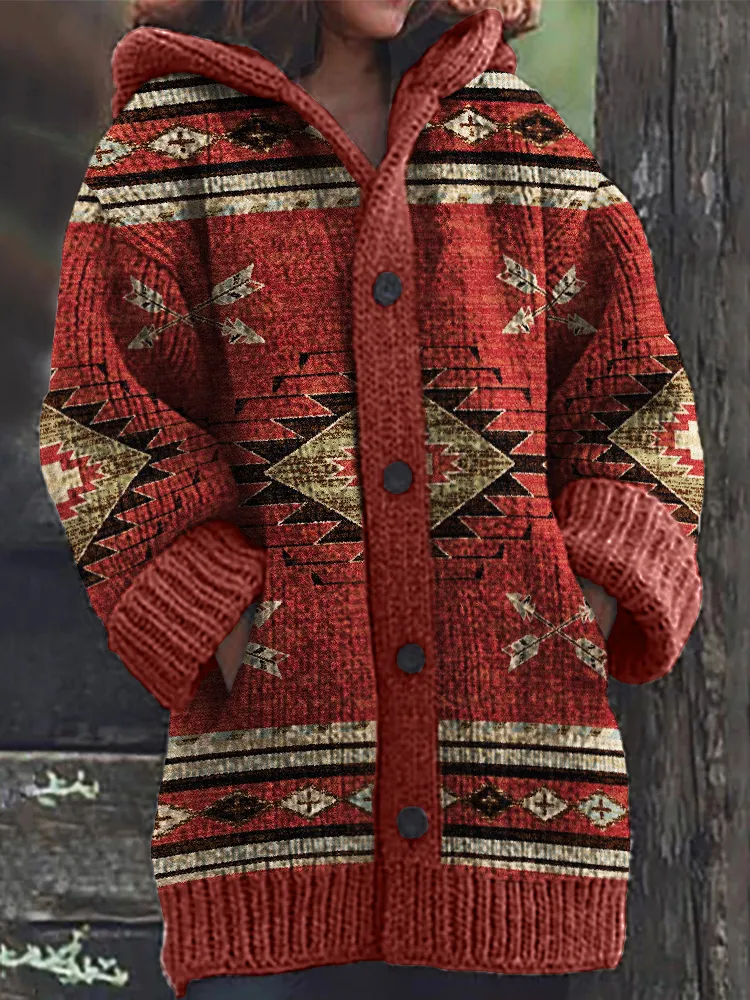 Western Ethnic Aztec Cozy Knit Hooded Cardigan