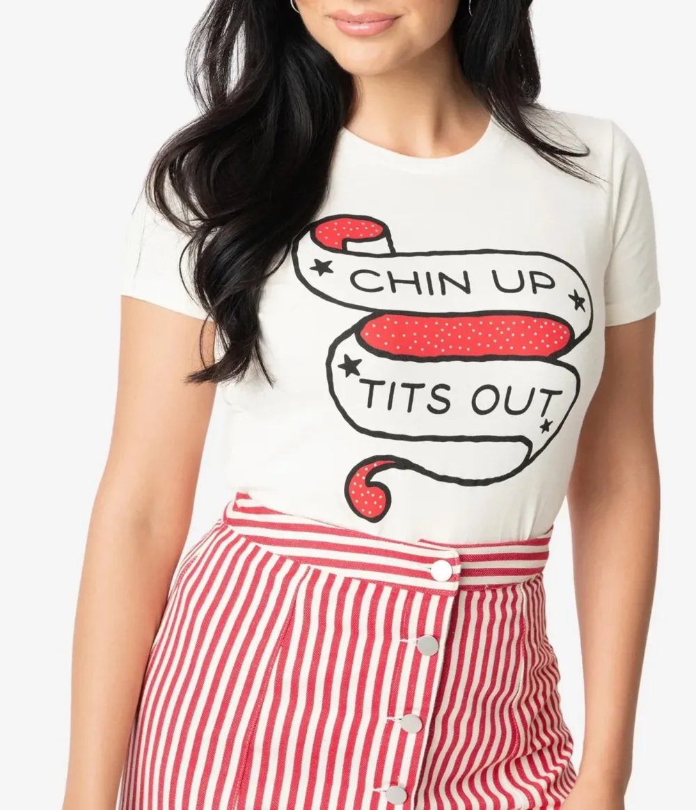 Unique Vintage Cream Chin Up Tits Out Womens Tee