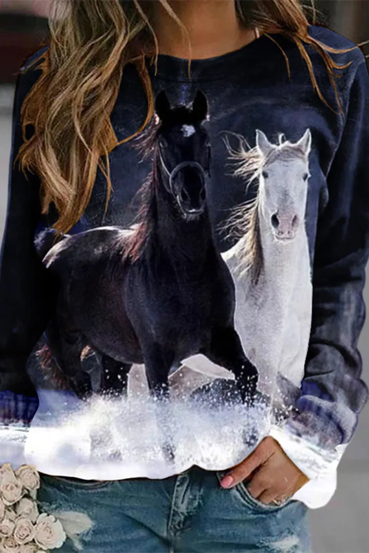 Snow Horse Print Crew Neck Sweatshirt