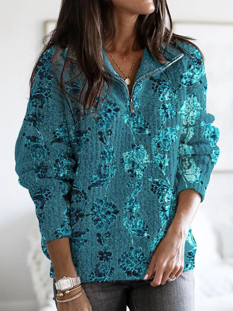 Turquoise Floral Velvet Art Cozy Zip Up Sweater